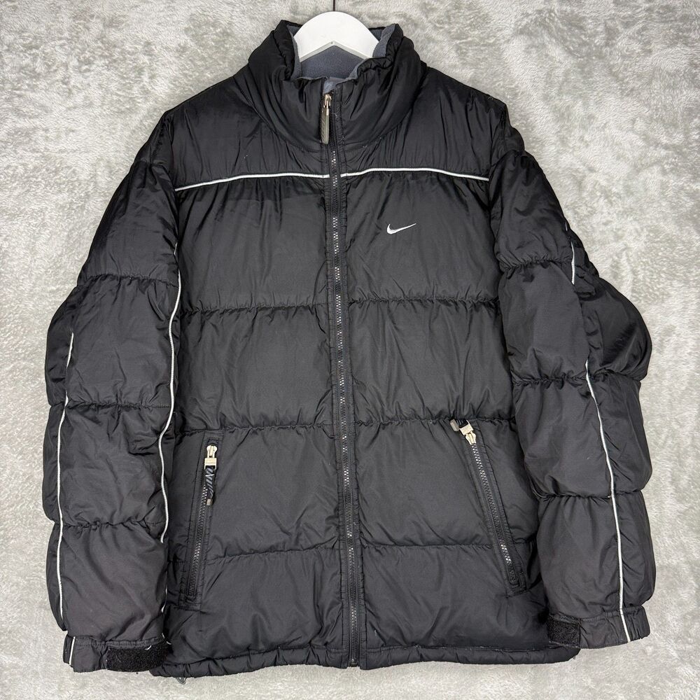Vintage Nike Puffer Jacket Mens Medium Black Full Zip Down Fill Pockets Y2K Logo
